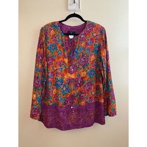 Vtg 90s Carole Little Colorful Floral Rayon Blouse Tunic Shirt Sz 14